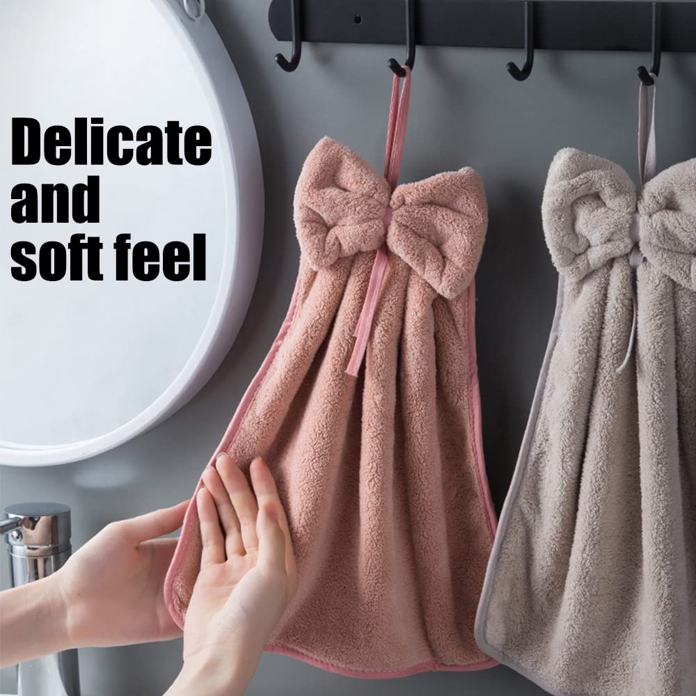 Fhdusryo 4Pcs Bowknot Hanging Hand Dry Towels, Microfiber Coral Velvet Hand Towels Hanging Loop, Absorbent Super Soft Cute Hand