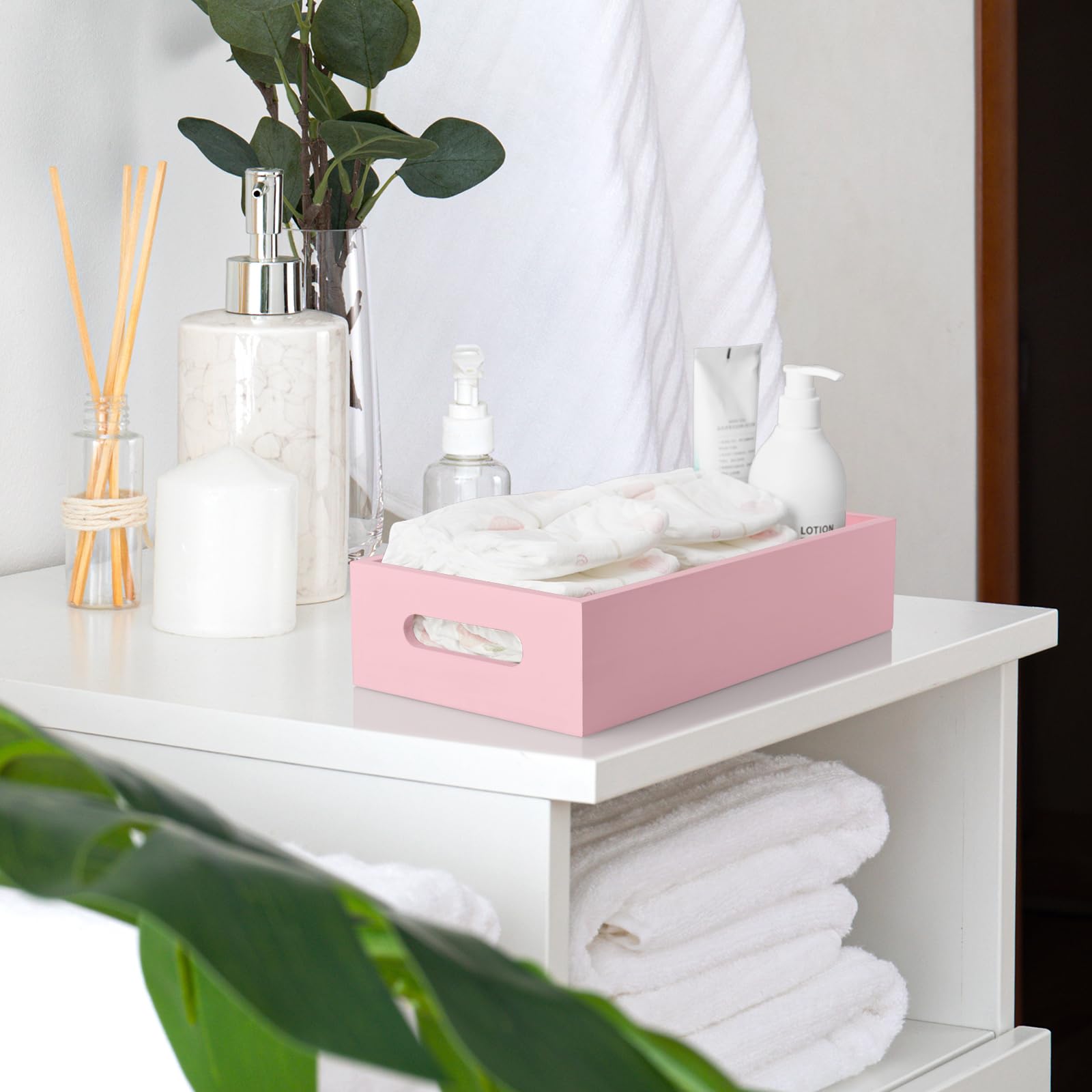 Alelion Pink Bathroom Basket For Organizing - Wooden Toilet Tank Paper Basket With Handle For Back Of Toilet Tank Top Organizer