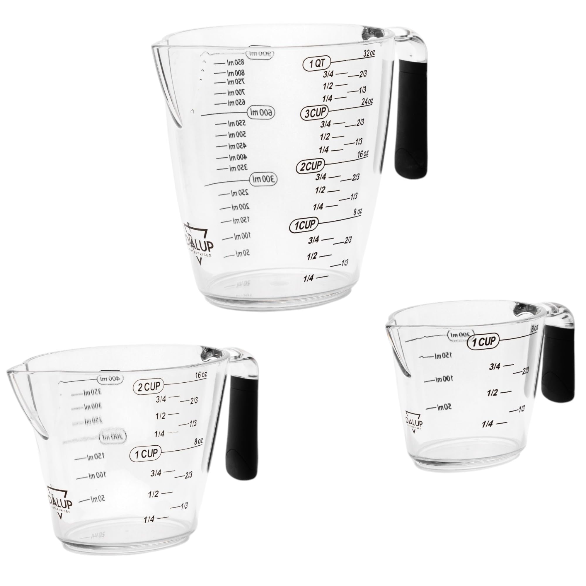 Dalup Measuring Cup Set  Clear Plastic Liquid Measuring Cups (8/16/32 oz) with Spout & NonSlip Handle | 3Piece Plastic Measur
