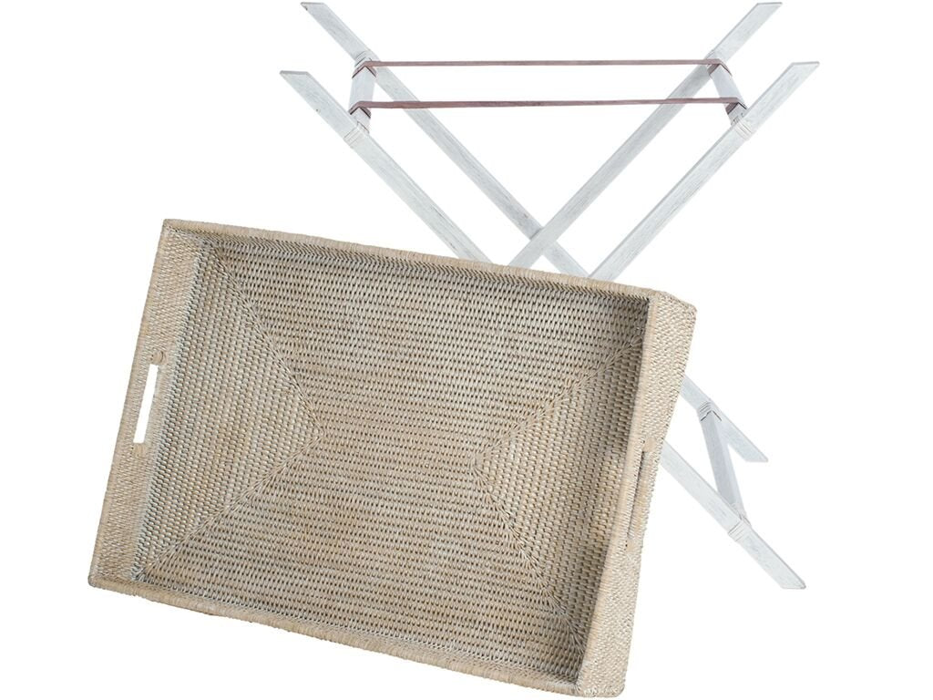 Kouboo La Jolla Rattan Butler Tray With Folding Wood Stand, White Wash
