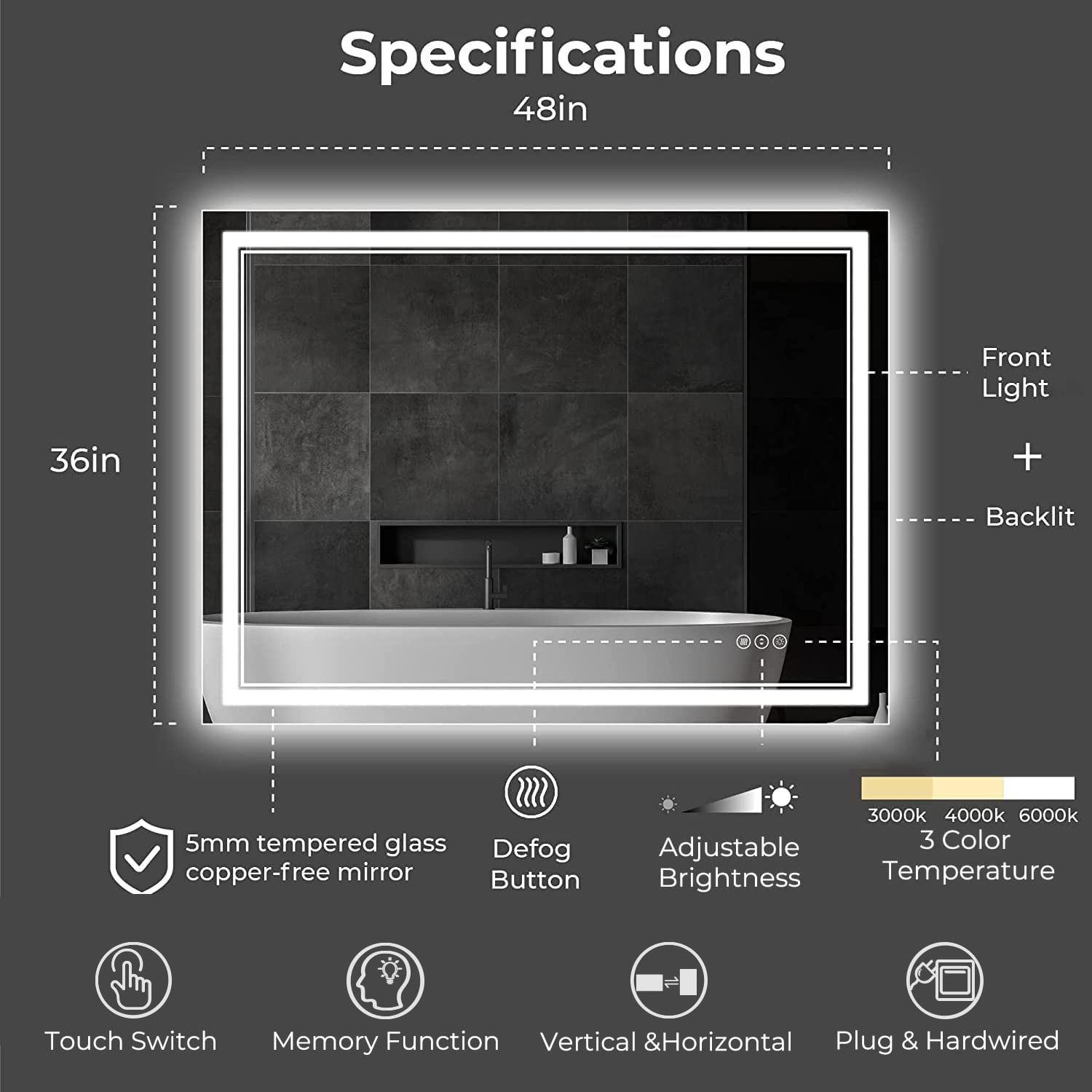 AWANDEE 48x36 LED Bathroom Mirror with Front and Backlit  Large Dimmable Bathroom Mirror with 3 Color Lights  Wall Mounted Lighted Vanity Mirror with Anti-Fog  Memory French Cleats Horizontal/Vertical