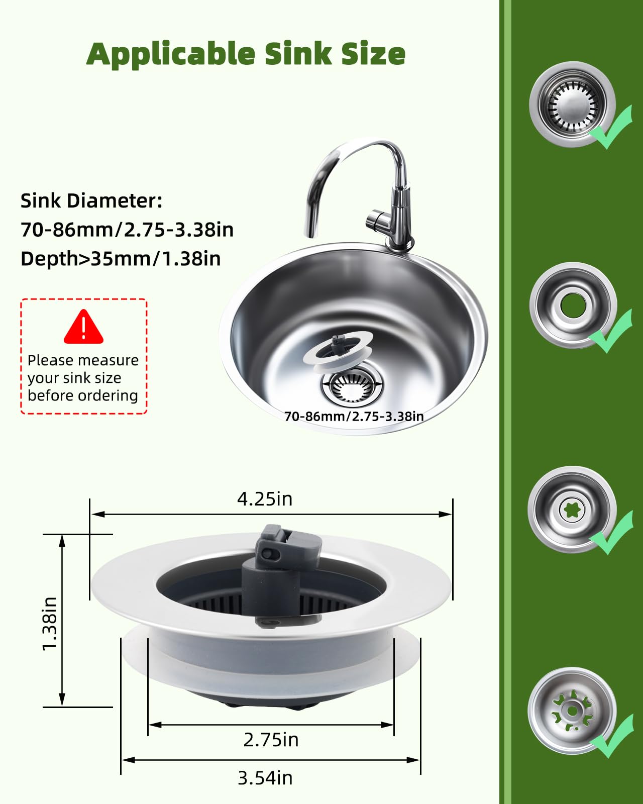 Hygie Rinse 3-In-1 Kitchen Sink Strainer Stopper, 2Pcs Universal Pop Up Sink Drainer With Upgrade Folded Handle, For Us Standard