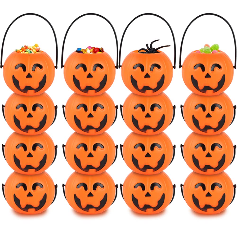 MCPINKY Mini Halloween Portable Pumpkin Bucket, 16PCS 2.5 inches Small Halloween Pumpkin Candy Buckets Children Trick or Treat B