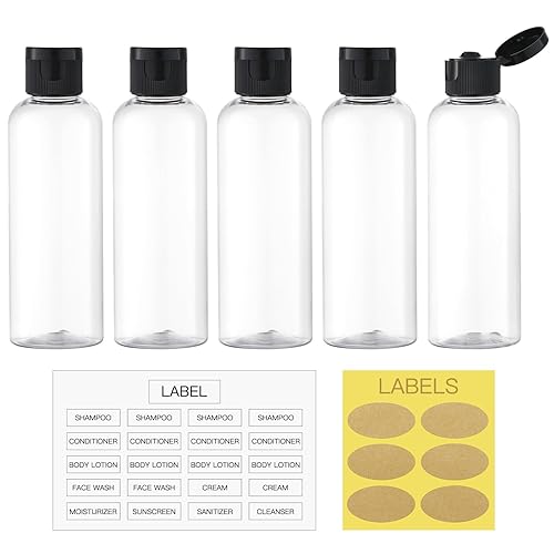LISAPACK 3.4Oz Travel Bottles with Flip Cap (5 Pcs) Empty Transparent Dispenser Container for Travel Size Cosmetics (100ml  Clear)