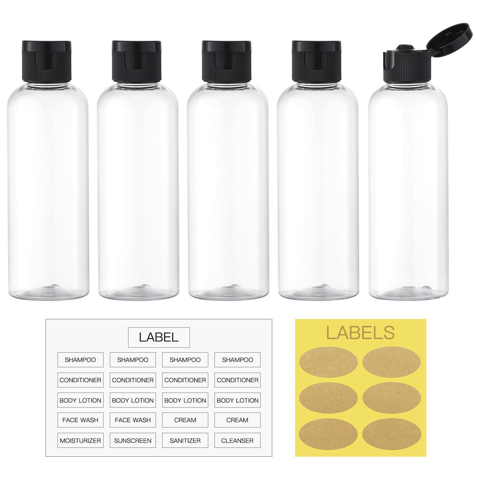 LISAPACK 3.4Oz Travel Bottles with Flip Cap (5 Pcs) Empty Transparent Dispenser Container for Travel Size Cosmetics (100ml  Clear)