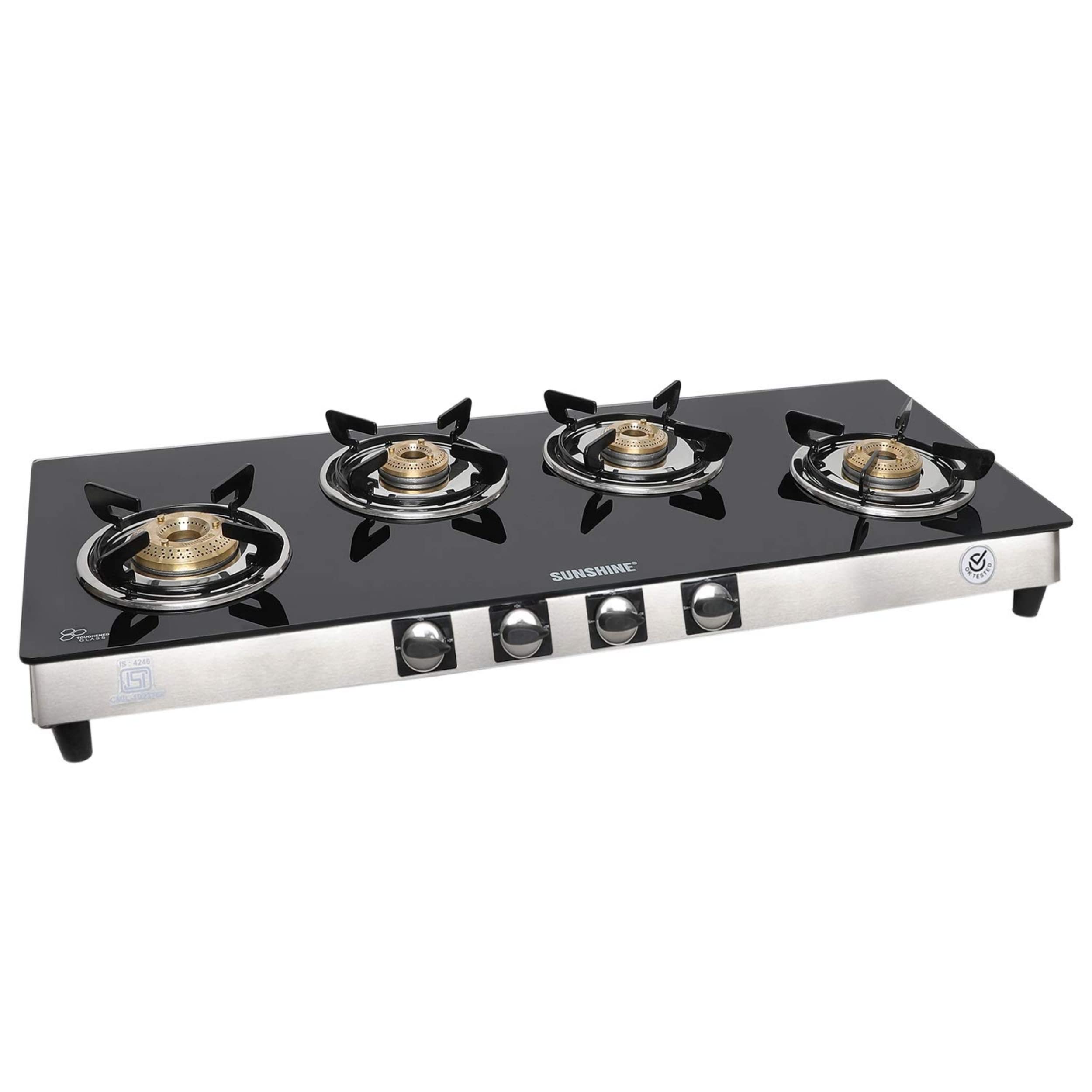 Sunshine Olympic Gas Stove | 4 Burner Glass Gas Stove | Glass Cooktop | Isi Certified | Manual Ignition | Lpg Ready & Png Compat