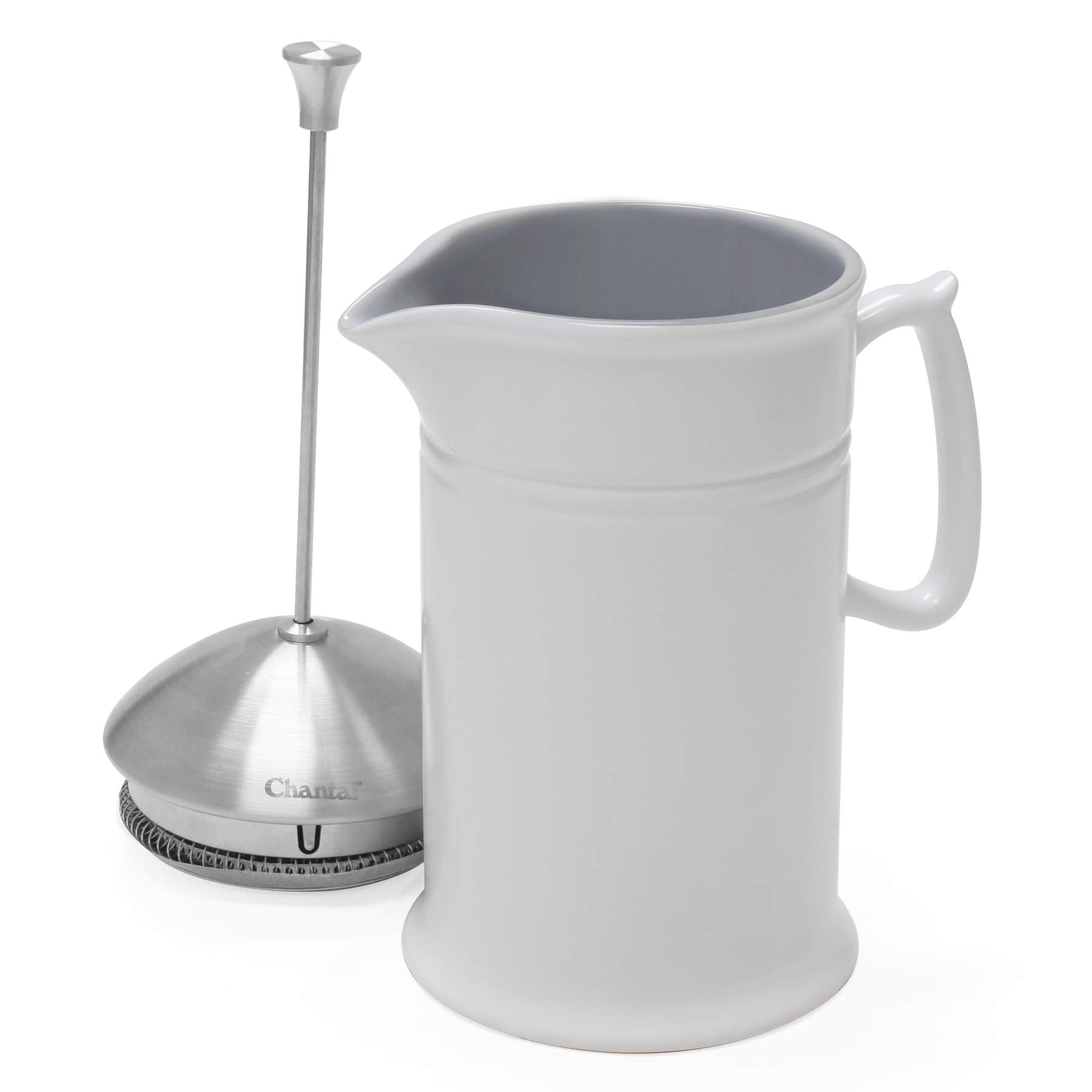 Chantal Stoneware French Press With Stainless Steel Plunger And Lid, 28 Ounce Capacity, White