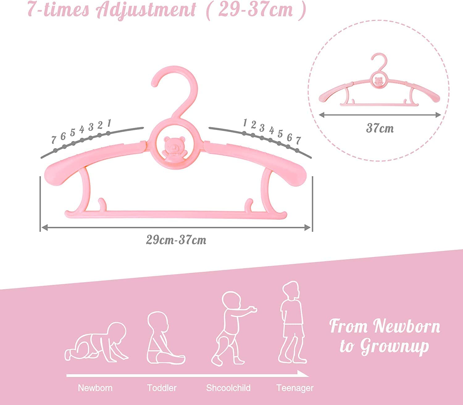 Hgyze Baby Hangers For Closet 20Pcs, Pink Kids Clothes Hanger Plastic, 11-14'' Adjustable Bulk Perchas For Newborn, Non-Slip Chi