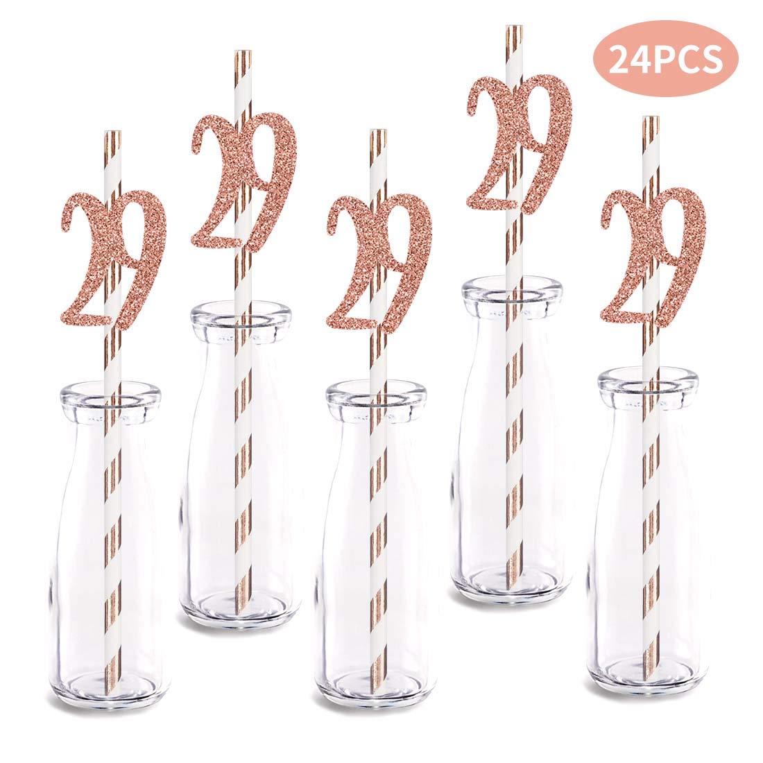 Rose Happy 29Th Birthday Straw Decor, Rose Gold Glitter 24Pcs Cut-Out Number 29 Party Drinking Decorative Straws, Supplies
