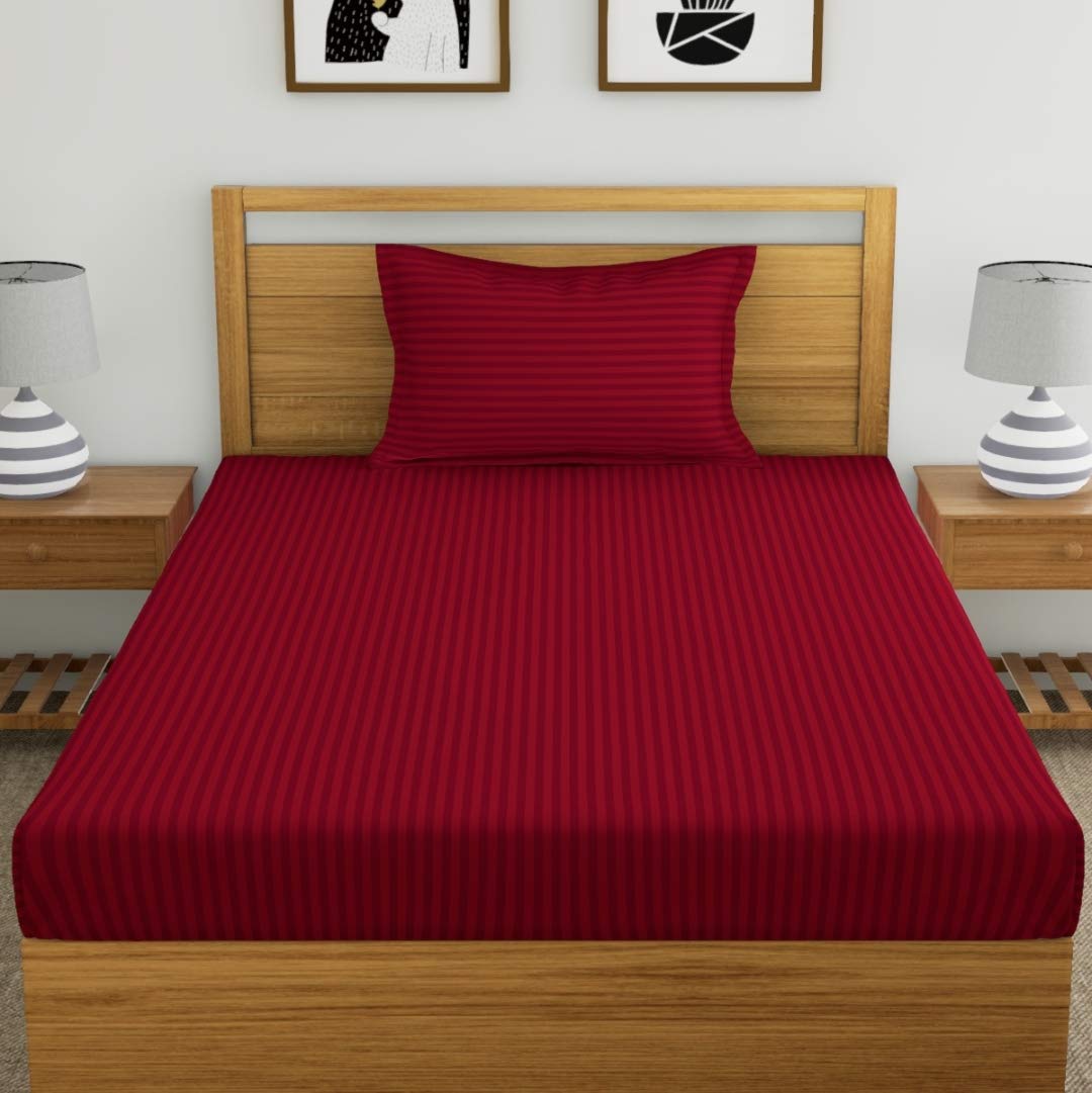 Dreamscape 220 Tc Cotton Single Bedsheet With Pillow Cover, Self-Striped - Red