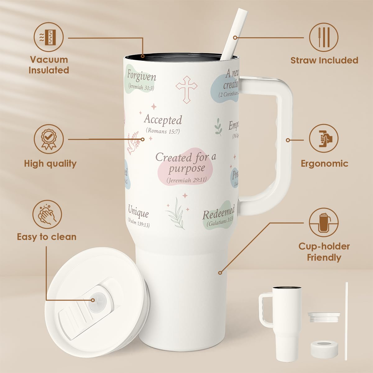 Christian Gift for Women - Inspiration Insulated Stainless Steel Tumbler with Handle and Straw - Religious Gifts for Birthday Ch