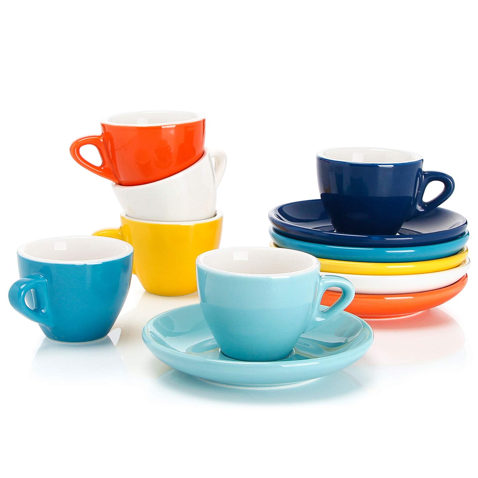Sweese 2 Ounce Espresso Cups with Saucers, Porcelain Espresso Cups Set of 6 - Hot Assorted Colors