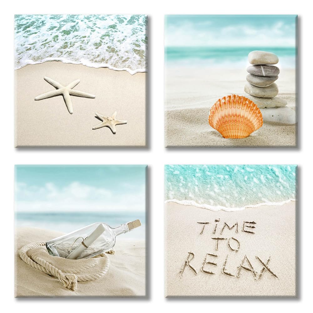 Utop-Art Seashell Beach Pictures Canvas Wall Art For Bathroom Drift Bottle & Seashells On The Beach Pictures Canvas Print For Ba