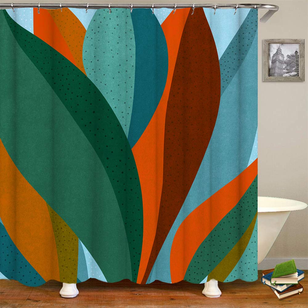 Rnnjoile Abstract Leaves Shower Curtain Cloth Tropical Palm Leaf With Dots Print Bath Curtain Green Orange Bathroom Decor With H