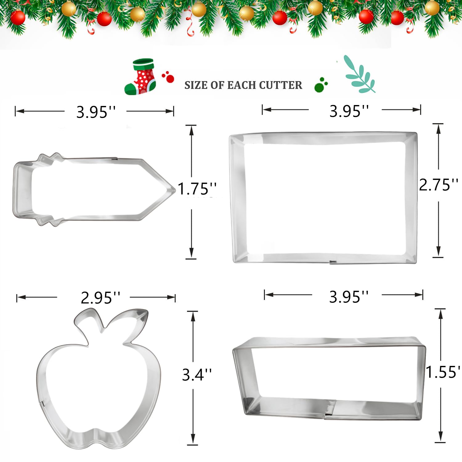 Back To School Cookie Cutters Set, 4Pcs Themed Shapes With Apple, Pencil, Ruler,Chalkboard Stainless Steel Biscuit Cutter