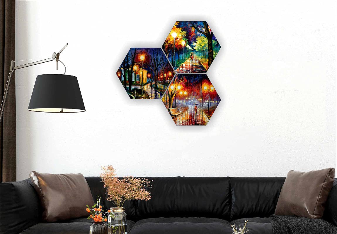 Saf Paintings Couple Walking Uv Textured Mdf Set Of 3 Hexagon Painting 17 Inch X 17 Inch Sanfhx128