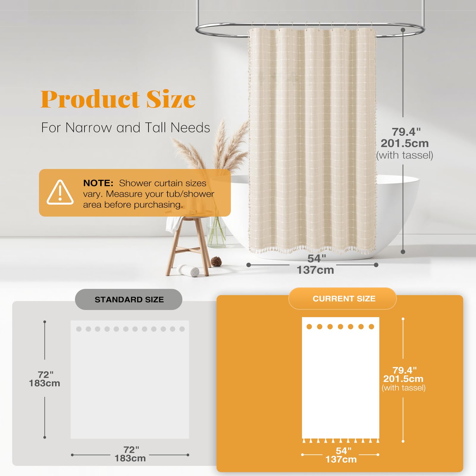 Bttn Stall Fabric Shower Curtain - 54X78 Inches Boho Linen Heavy Duty Tassel Shower Curtain Set With 10 Hooks, Narrow Rustic Mod