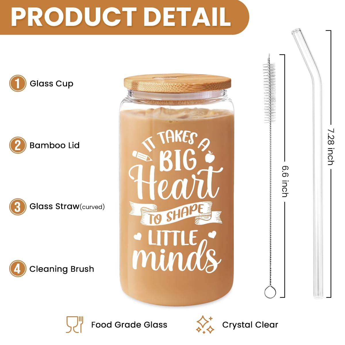 Teacher Gifts for Women - 16 Oz Can Glass Coffee Cup with Straws - Teacher Appreciation Gift for Women on Birthday Back To Schoo