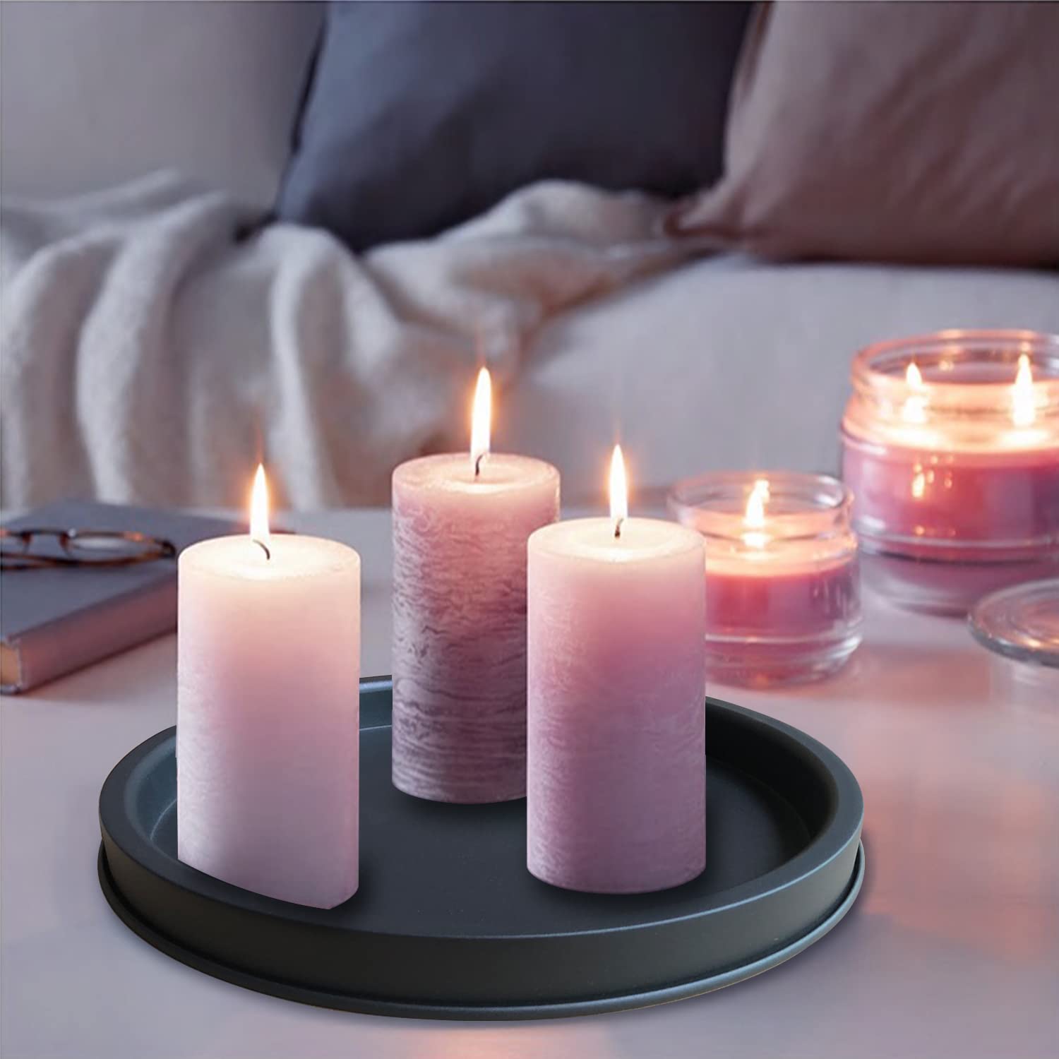 Frtim Black Decorative Serving Round Tray, Black Metal Decor Tray For Home Decor Coffee Dining Table Centerpiece Farmhouse Kitch