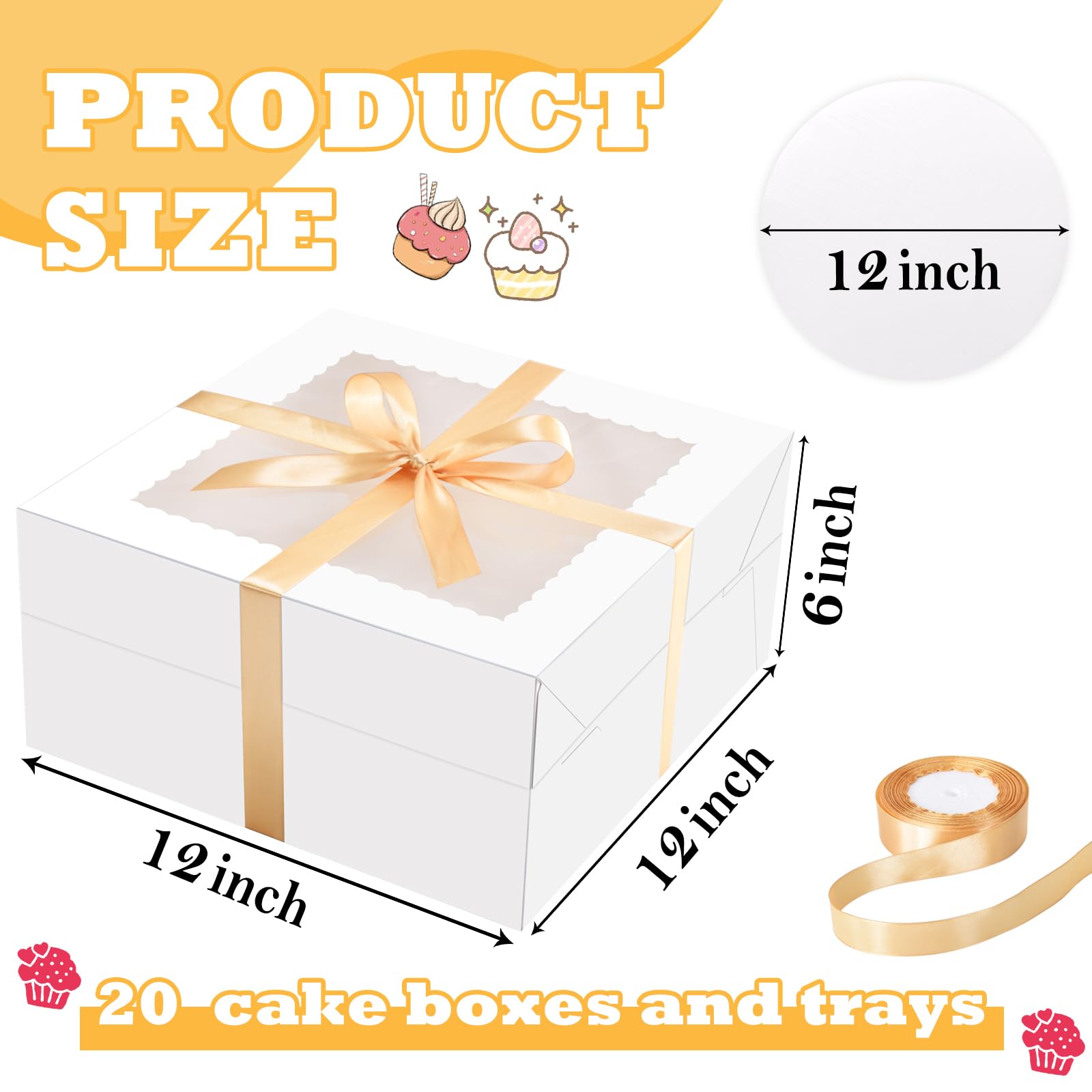 KPOSIYA 40pcs 12x12x6 inches Cake Boxes with Cake Boards(20 Boxes & 20 Boards), White 12 inch Cake Boxes with Window,Cajas Paste