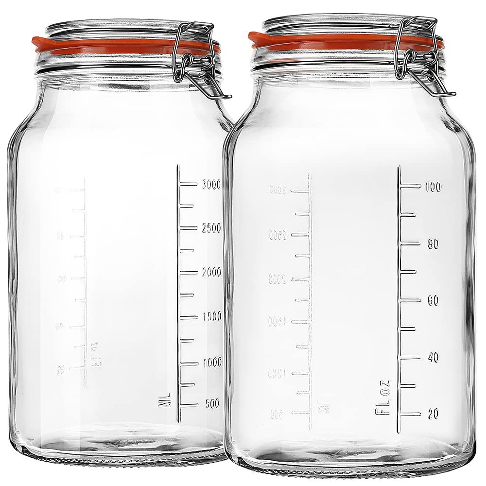 Super Wide-Mouth Glass Jars with Hinged Lids, 1-Gallon (4100 ML) Leak Proof Glass Canning Jars with Airtight Lids and 2 Measurem