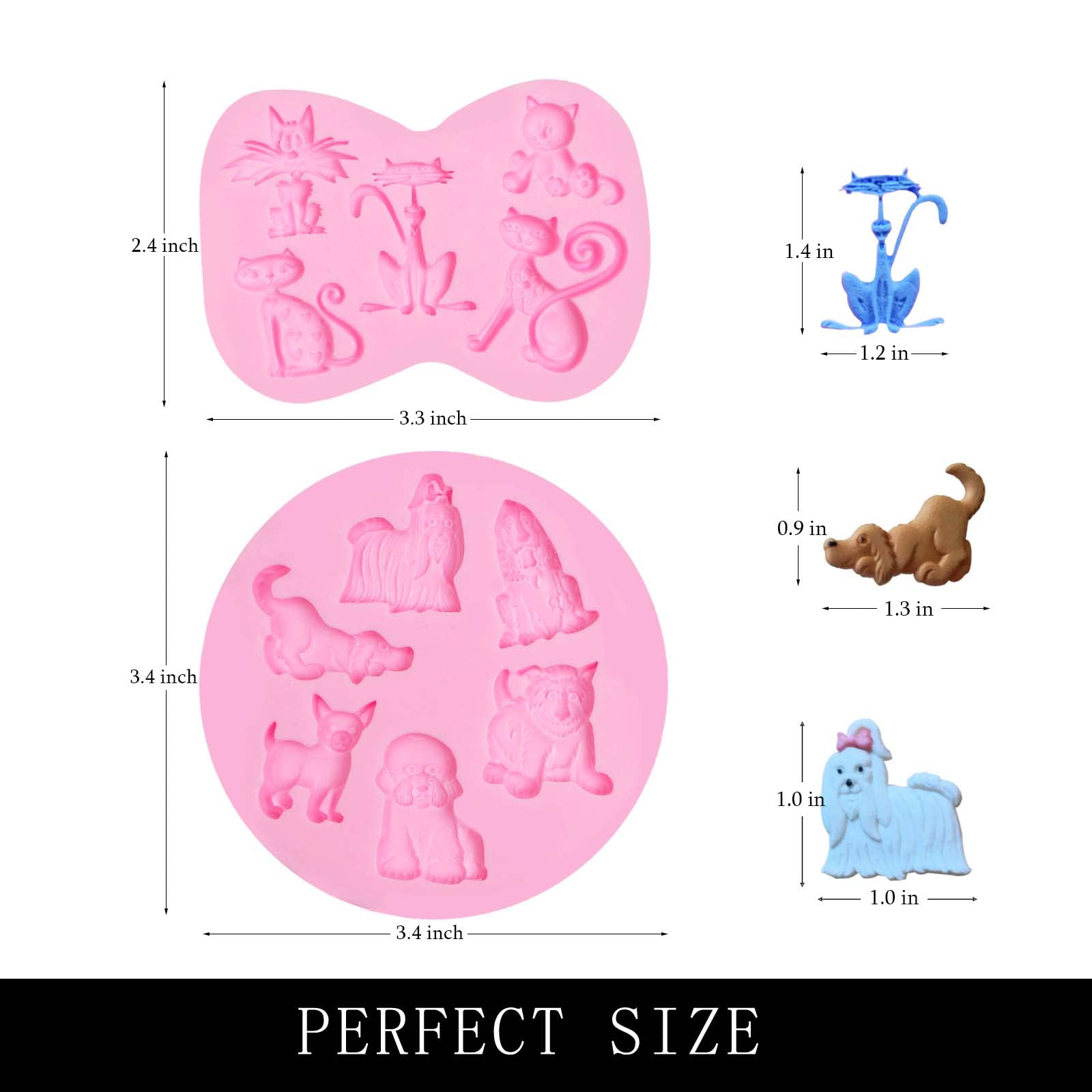 Dog Molds Silicone Fondant, 2 Packs Mini Cute Cats Dogs Fondant Animal Chocolate Molds For Baby Birthday Party Cake Decoration,