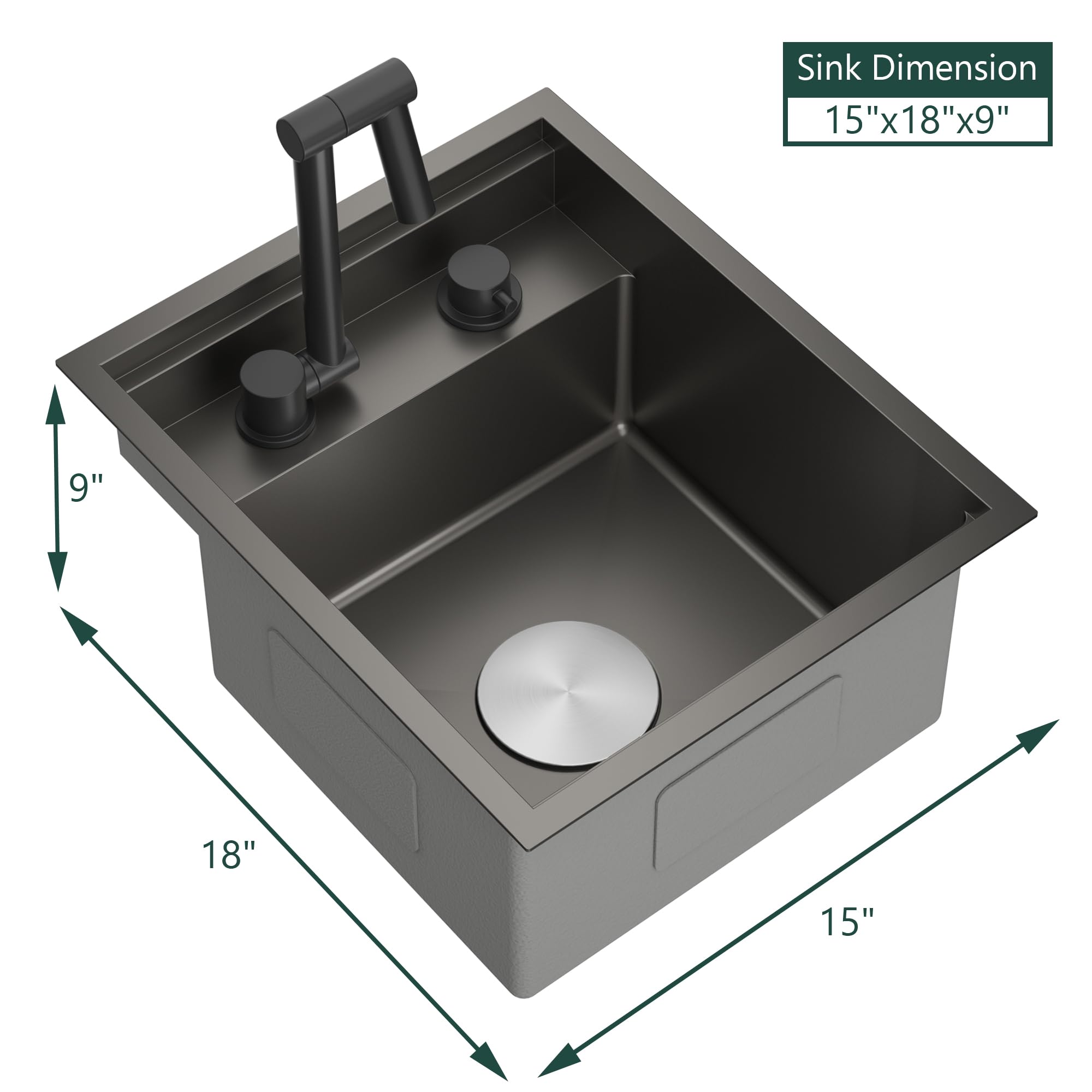 Torva Rv Kitchen Sink, 15 X 18 X 9 Inch Undermount Bar Sink 16 Gauge Stainless Steel Single Bowl Workstation Sink With Faucet Cu