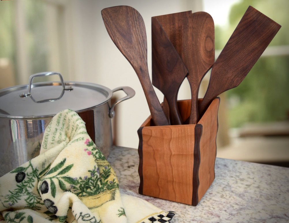American Made Sculpted Cherry Wood Utensil Holder Crock