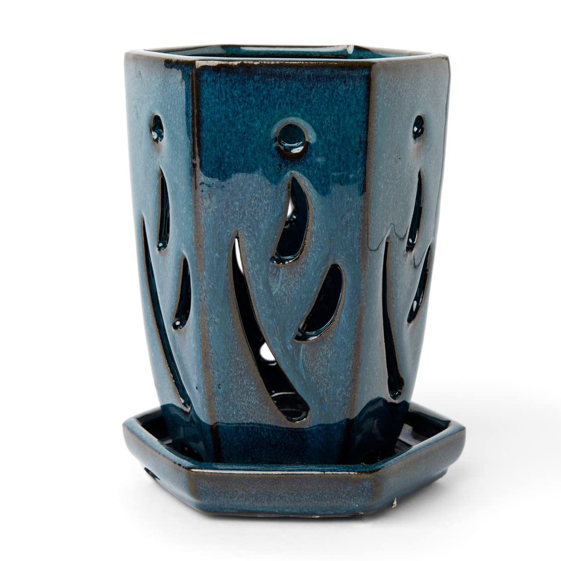 Repotme 4 X 6 Inch Ceramic Orchid Pot (Teal Jade) - Hexagon Orchid Pot With Holes
