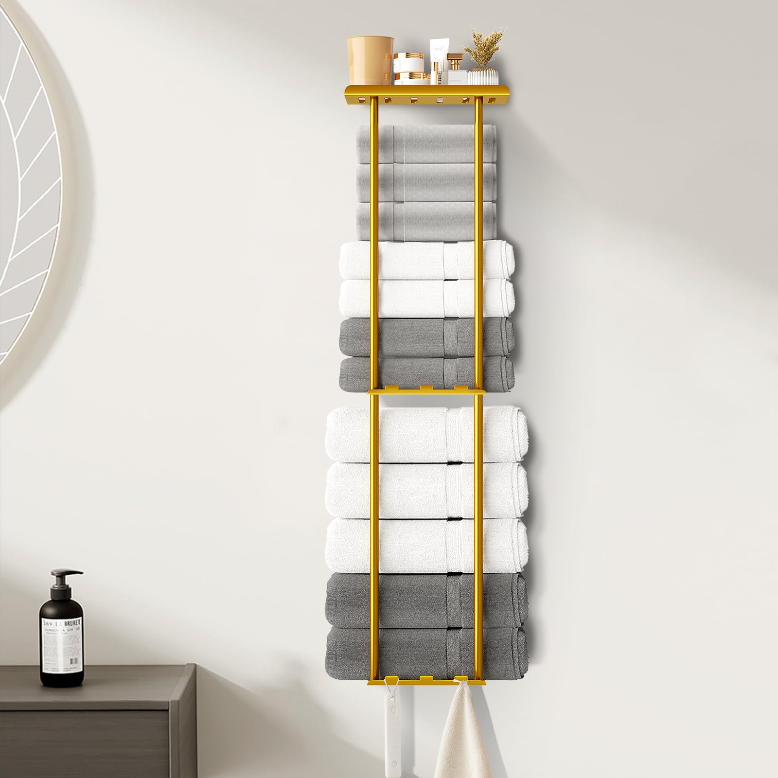 Towel Racks for Bathroom, 36.6 inch Metal Towel Storage, 8 Large Bath Towels Capacity, 3-Tier Towel Holder for Bathroom, with Sh