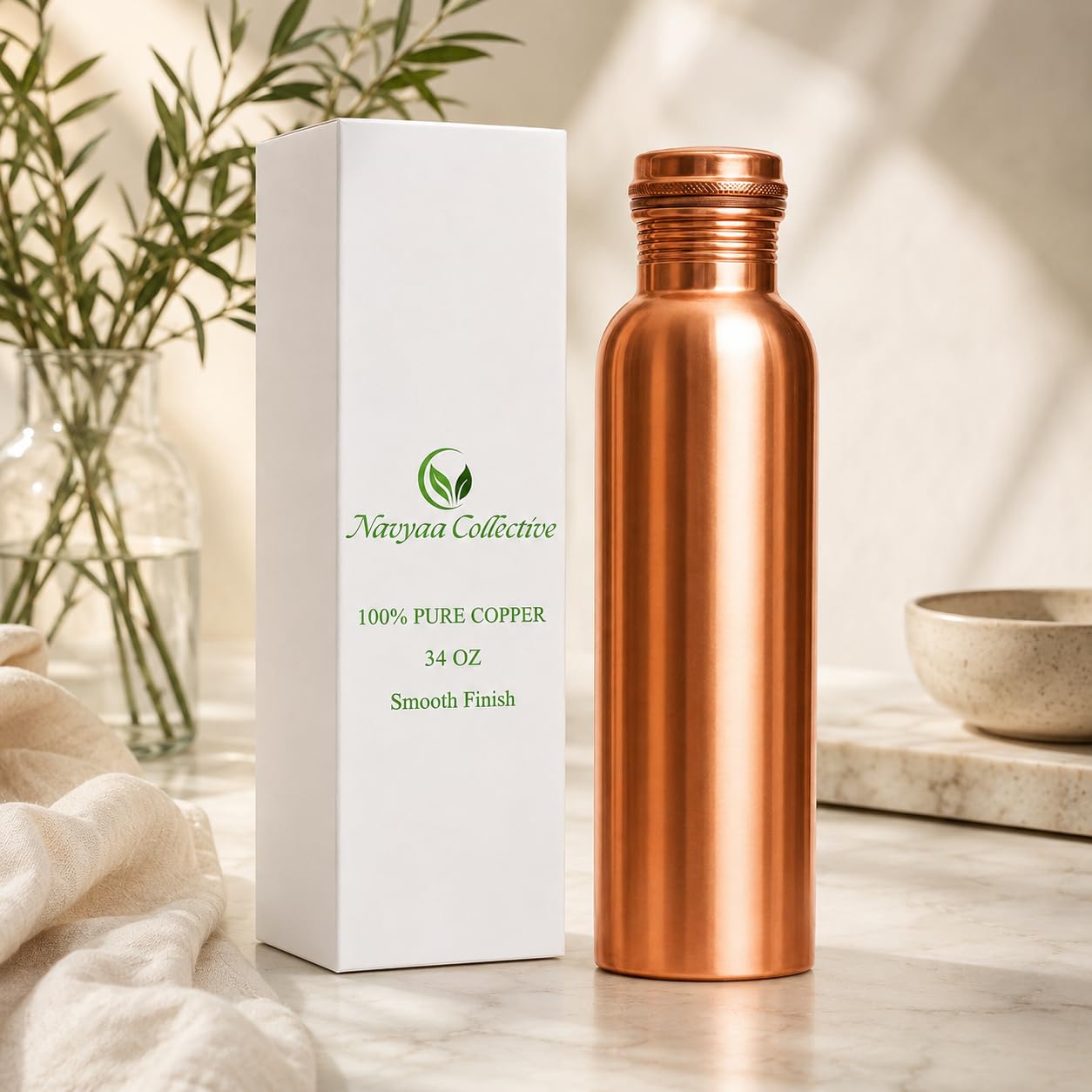 Navyaa Collective Copper Water Bottle 34 oz Ayurvedic Smooth LeakProof