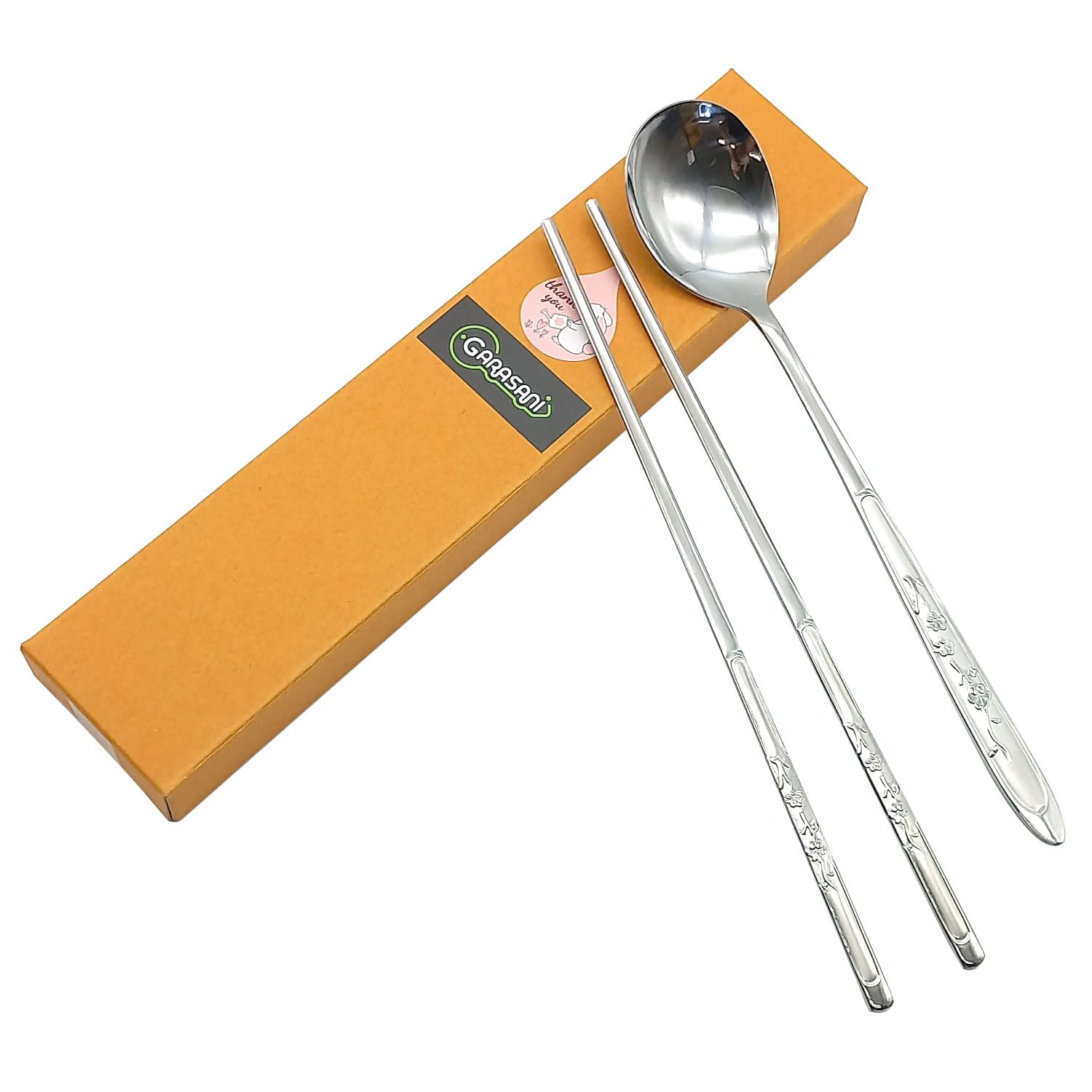 GARASANI Korean Traditional Cutlery Stainless Steel Spoons and Chopsticks Set (Silver Plum blossom)