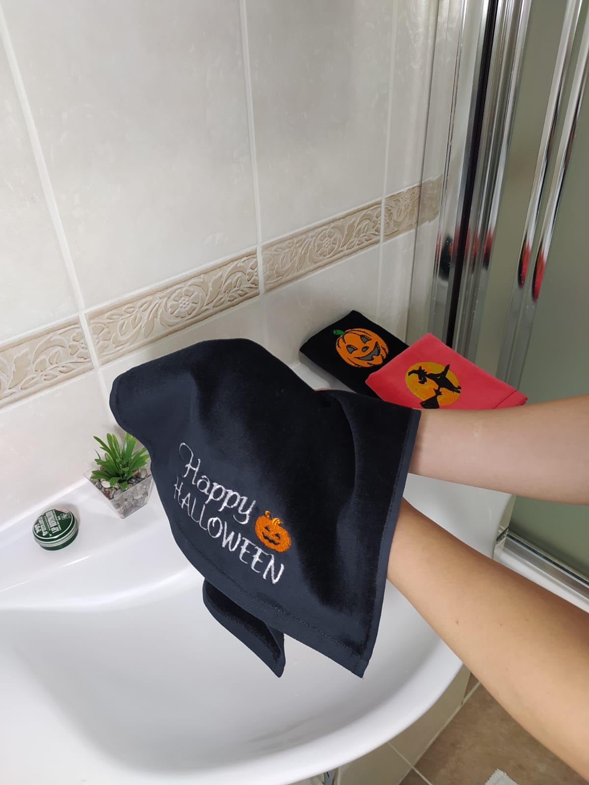 2 Pack Happy Halloween Hand Towels, 100% Soft Cotton, Basket Stuffers, (12X20 Inches) Decor Hand Towels Gift Packed, Decorative