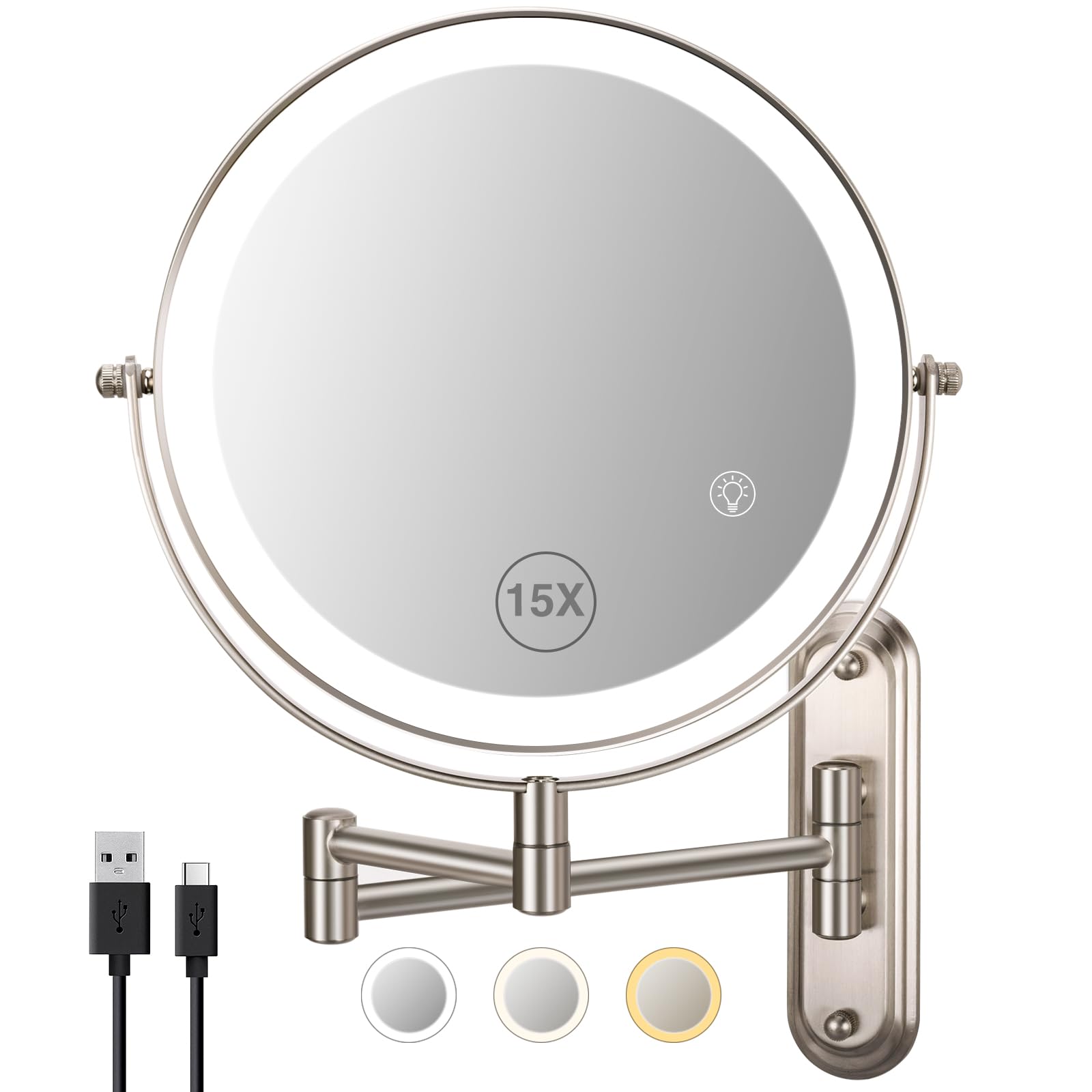 Vorremirr Wall Mounted Lighted Makeup Mirror,8.5In Magnifying Mirror With Double-Sided 1X/15X, 3 Color Lights For Makeup,365Swiv