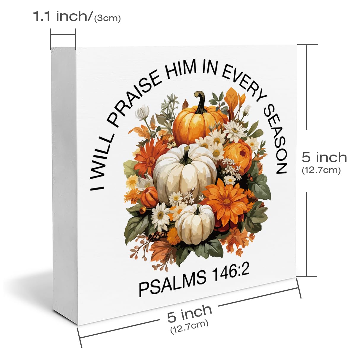Fall Decor Pumpkins Wooden Box Sign I Will Praise Him In Every Season Decorations Rustic Home Desk Shelf Tabletop Decor 5 x 5 In