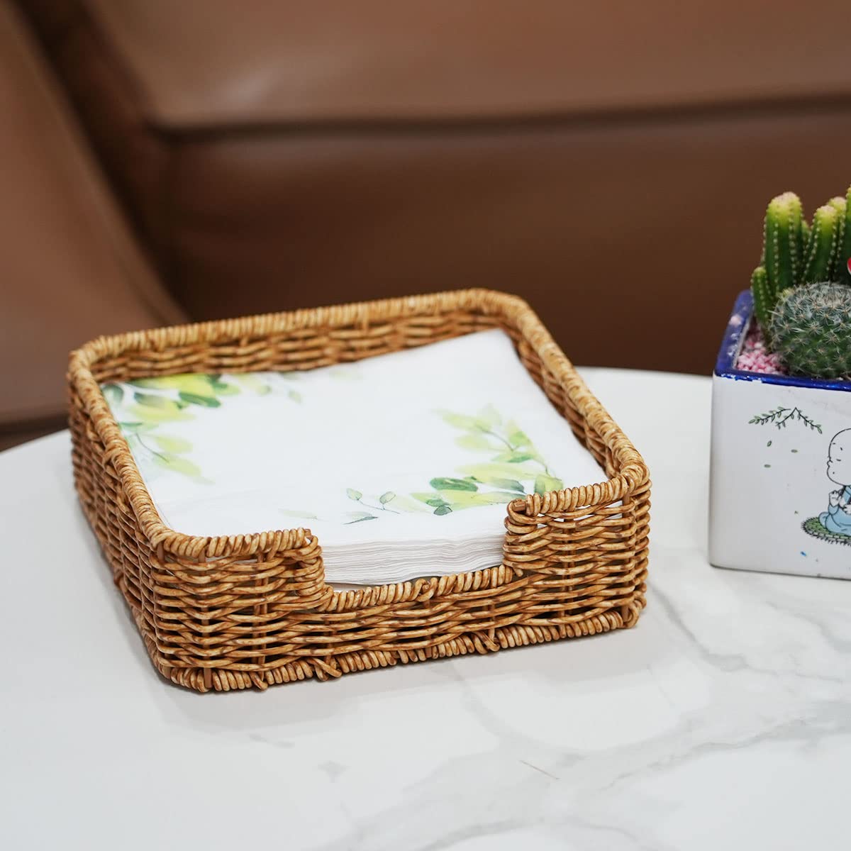 Aevtih Rattan Napkin Holder Woven Guest Towel Holder For Restaurant/Kitchen/Bathroom 7.7'' X 7.7'' X 2.4'' (Dark Yellow)