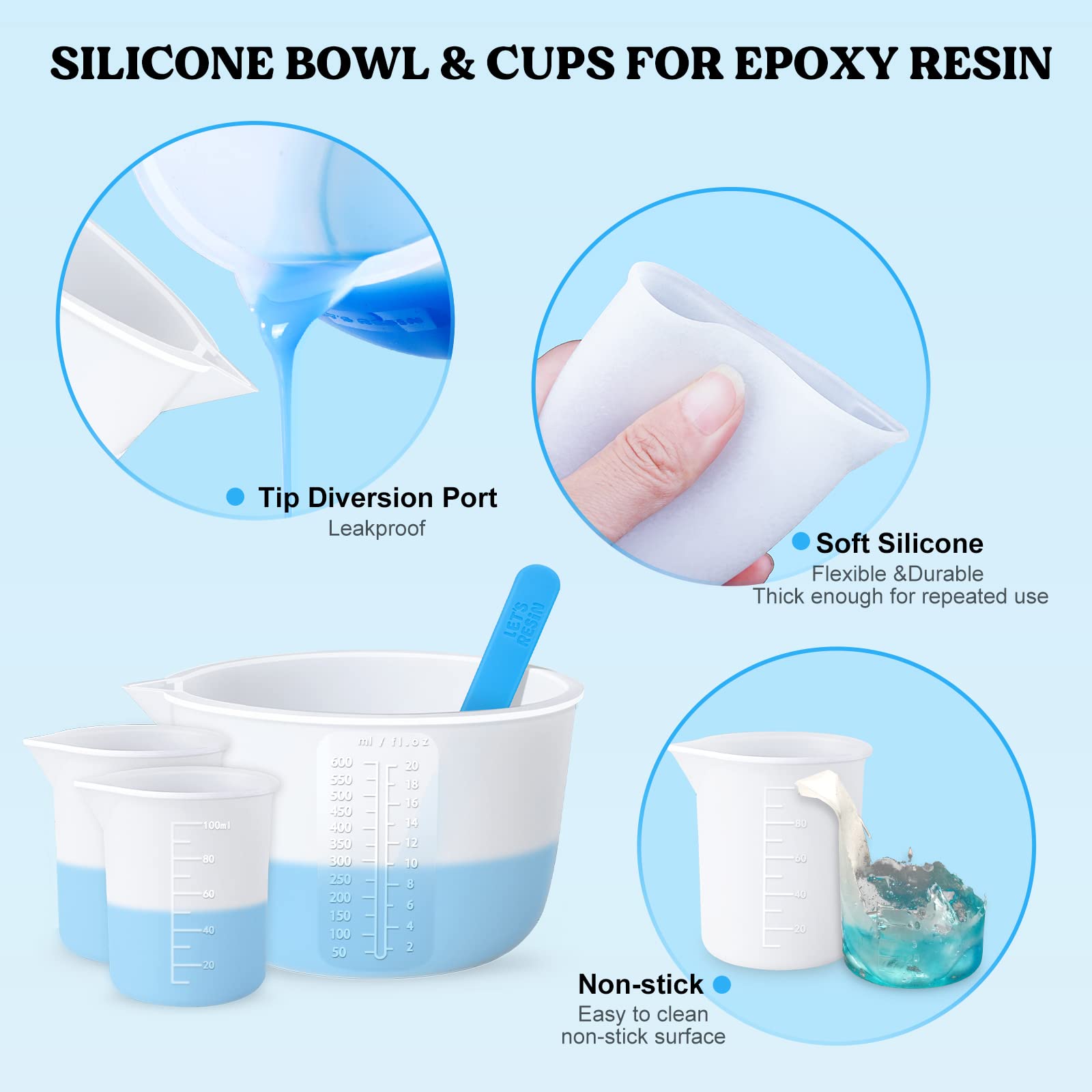 Let'S Resin Silicone Measuring Cups, 600Ml/20Oz&100Ml Thickening&Non-Stick Resin Mixing Cups,Resin Supplies, Easy To Clean,Silic