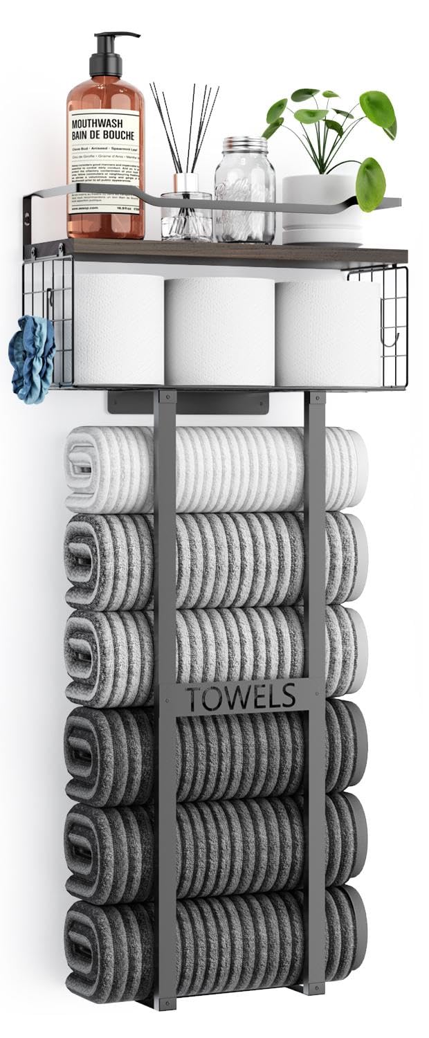 Large Towel Rack & Bathroom Towel Holder - Wall Mounted Metal Rack with Wooden Floating Shelf, Small Bathroom Towel Storage, Eas