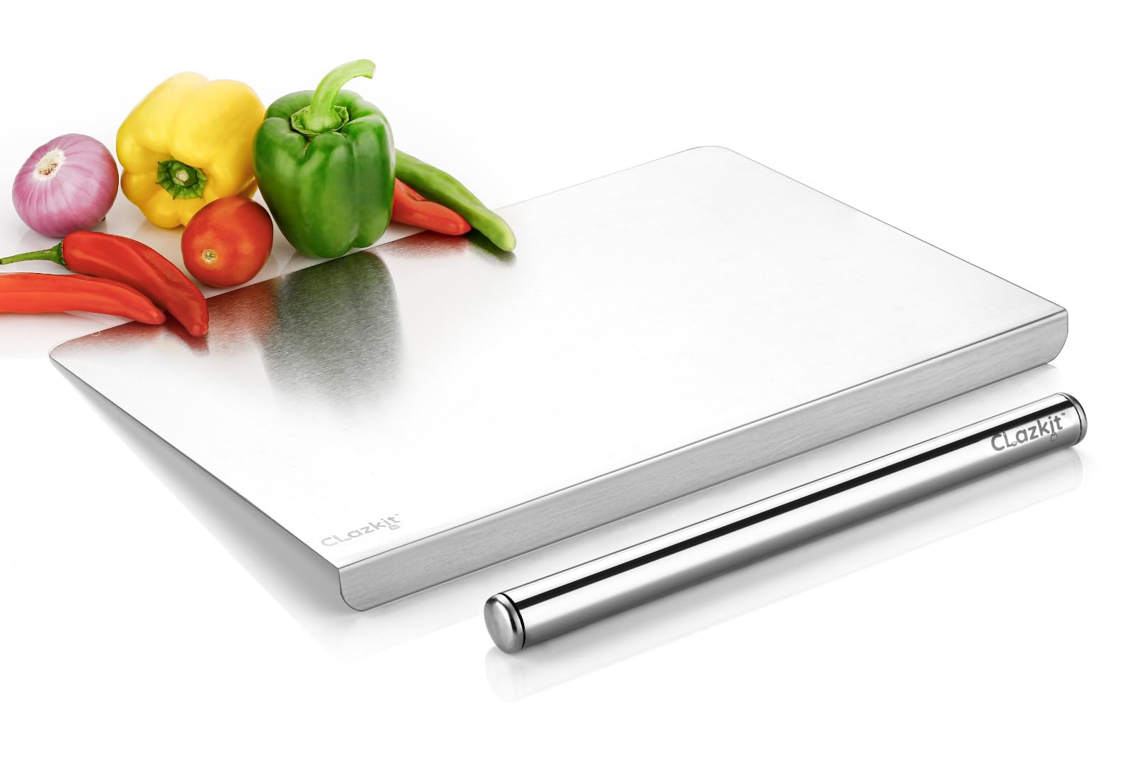Clazkit Stainless Steel Counter Top Chopping Board With Rolling Pin | Kneading Board For Chopping With Lip Bend | Vegetable,Fish