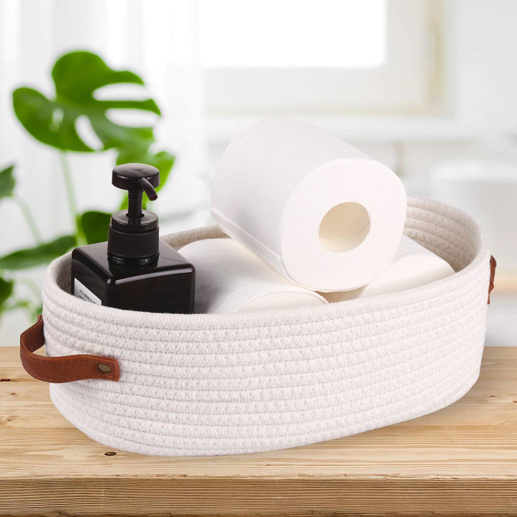 Oradrem Woven Storage Basket for Toilet Tank Top Farmhouse Home Decor Organizing Baskets for Bathroom Table and Counter 13 ''x5.9 ''x4 '' White