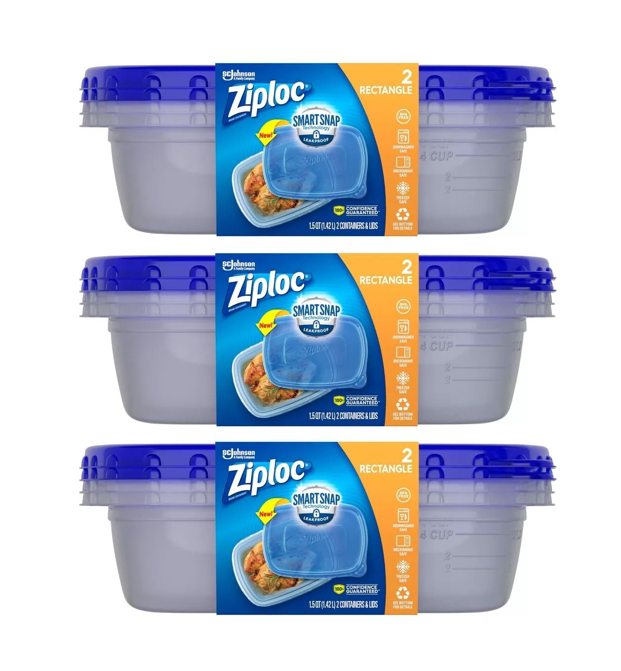 Ziploc Food Storage Meal Prep Containers With Smart Snap Technology, Rectangle, 1.5 Qts, 2 Count, Pack Of 3