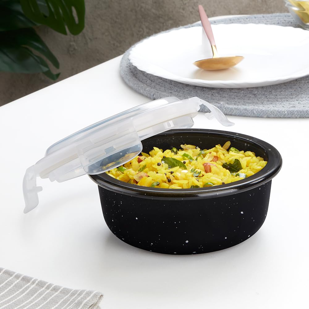 Borosil 400 Ml Pebble Black Food Storage Container With Air Tight Lid | Round Shape Borosilicate Glass Organiser | Microwave & D