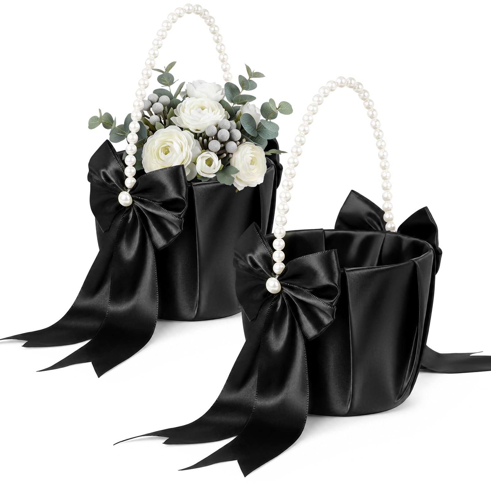 Zhehao Set of 2 Wedding Flower Girl Basket with Handle Bowknot, Black