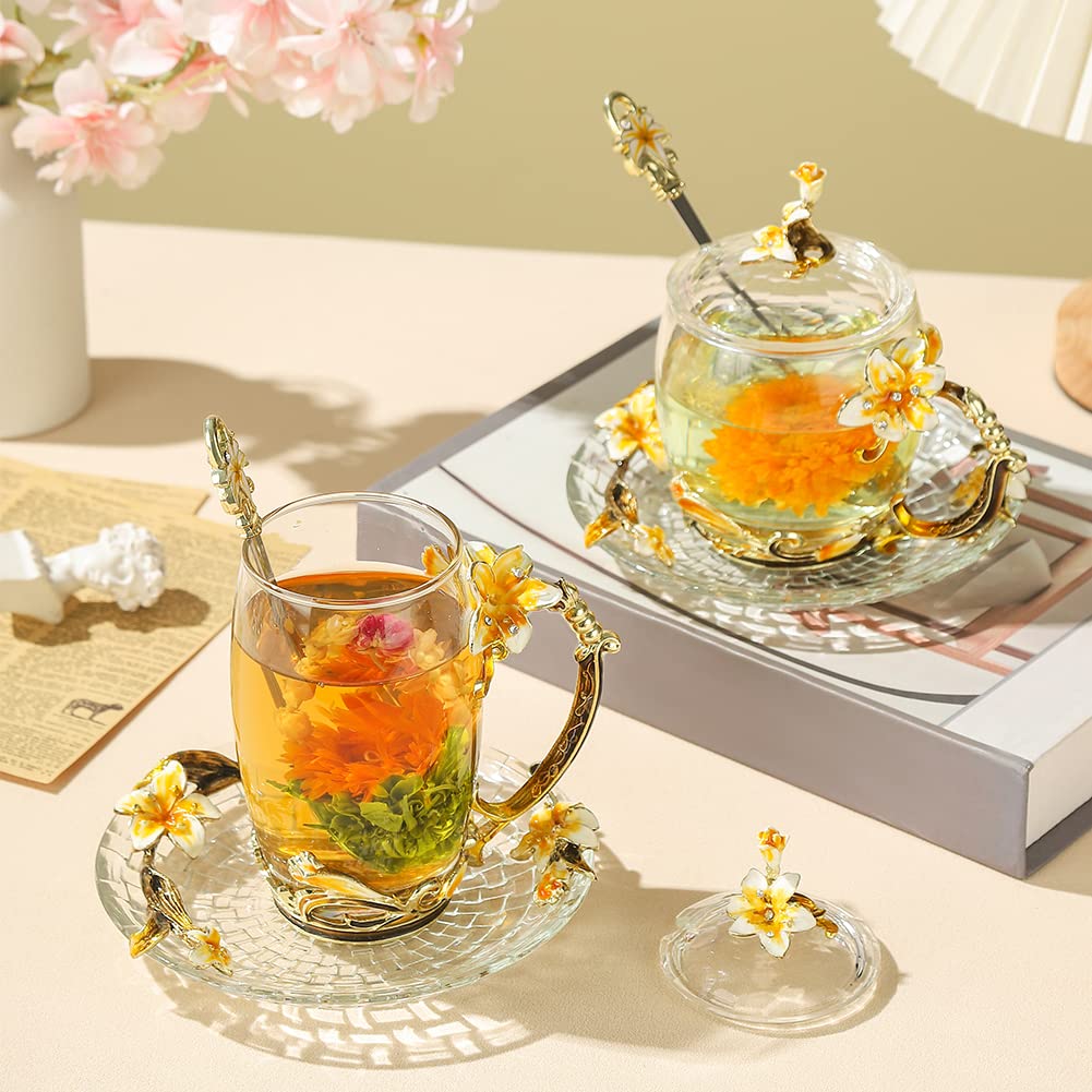 Lantree Fancy Tea Cups With Lid Mother'S Day Cup Gift Lily Glass Coffee Mug With Spoon Birthday Gift For Tea Lover Novely Cup Ho