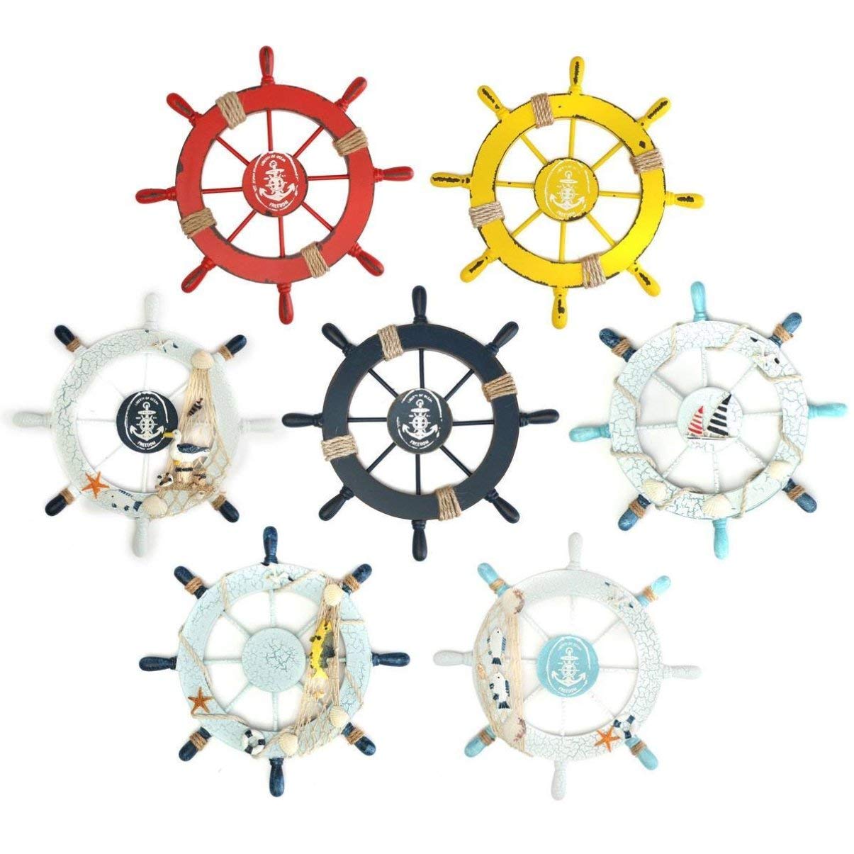 SEWACC Steering Wheel Ornament Creative Mediterranean Style Boat Wheel Decor Nautical Wooden Helm Wall Party Decoration for Home