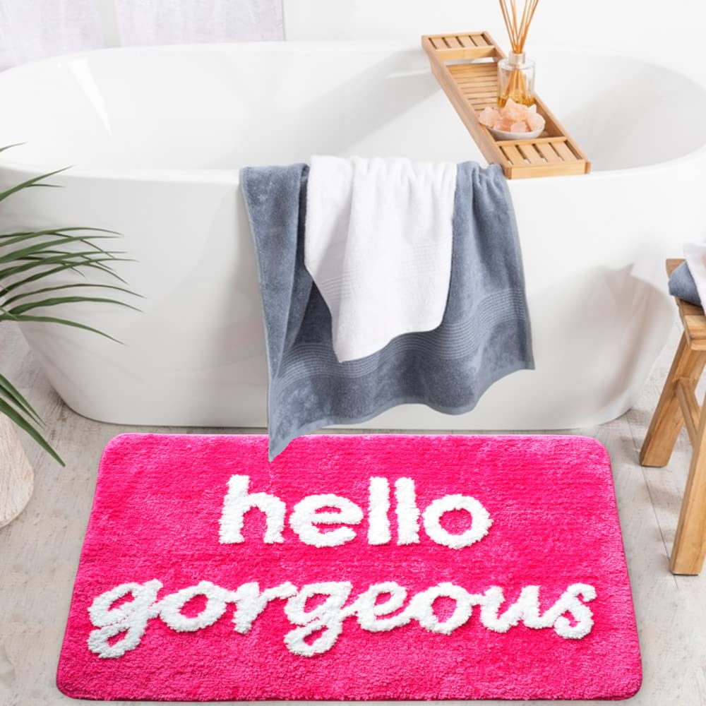 Hello Gorgeous Bath Mat Hot Pink Dark Magenta Fuchsia Blush Peach Coral Cute Beautiful Bathroom Rugs for Girls You Look Good Gorgeous Funny Shower Fun Bathroom Decor Non-Slip Washable Kids Women