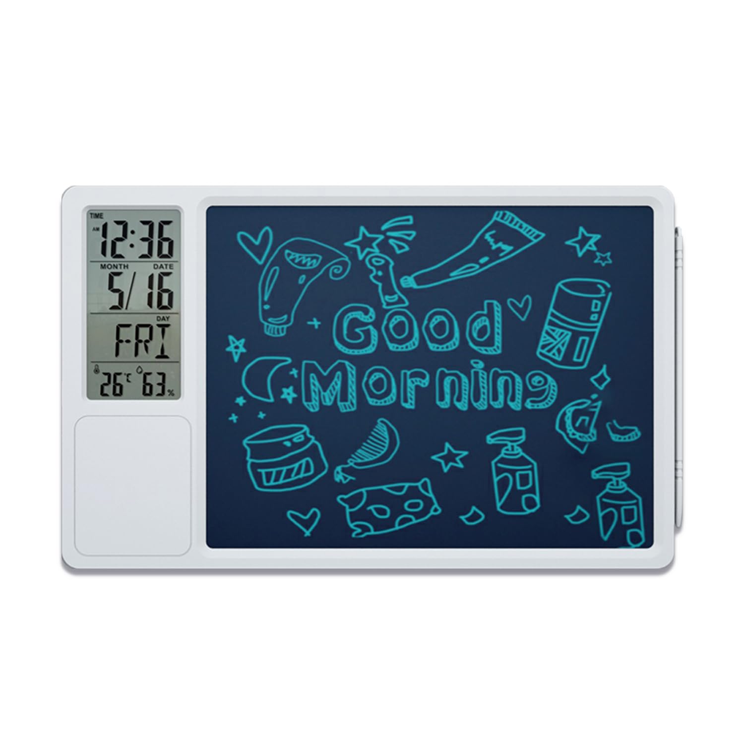 Amazon Basics Digital Writing Pad Clock With Alarm, White Color, Abs,Temperature Display, Calendar, 12/24 Hr Format, Backlight-F