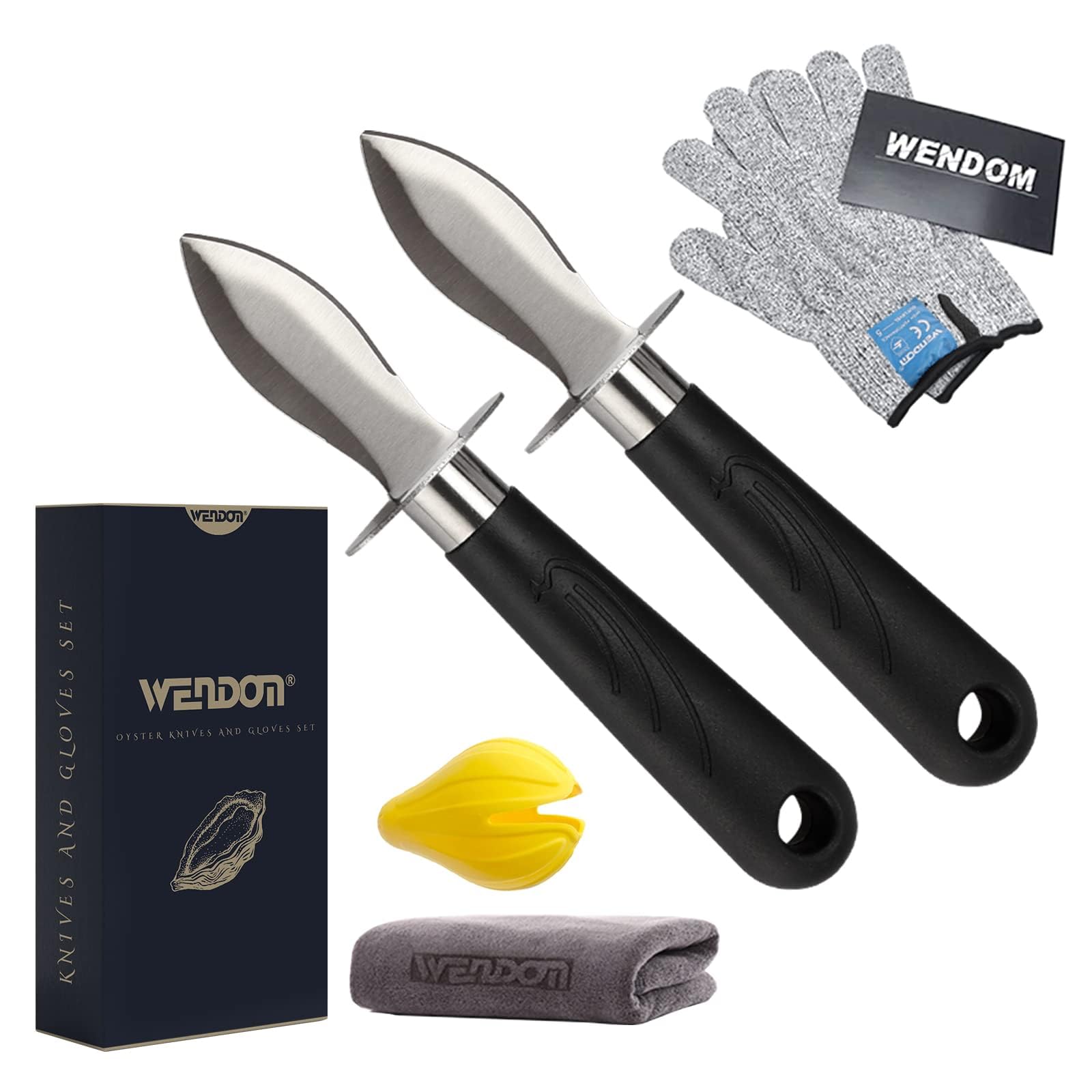 WENDOM Oyster Knife Shucker Set Oyster Shucking Knife and Gloves Cut Resistant Level 5 Protection Seafood Opener Kit Tools Gift(2knifes+2Glove+1Cloth)-New Condition