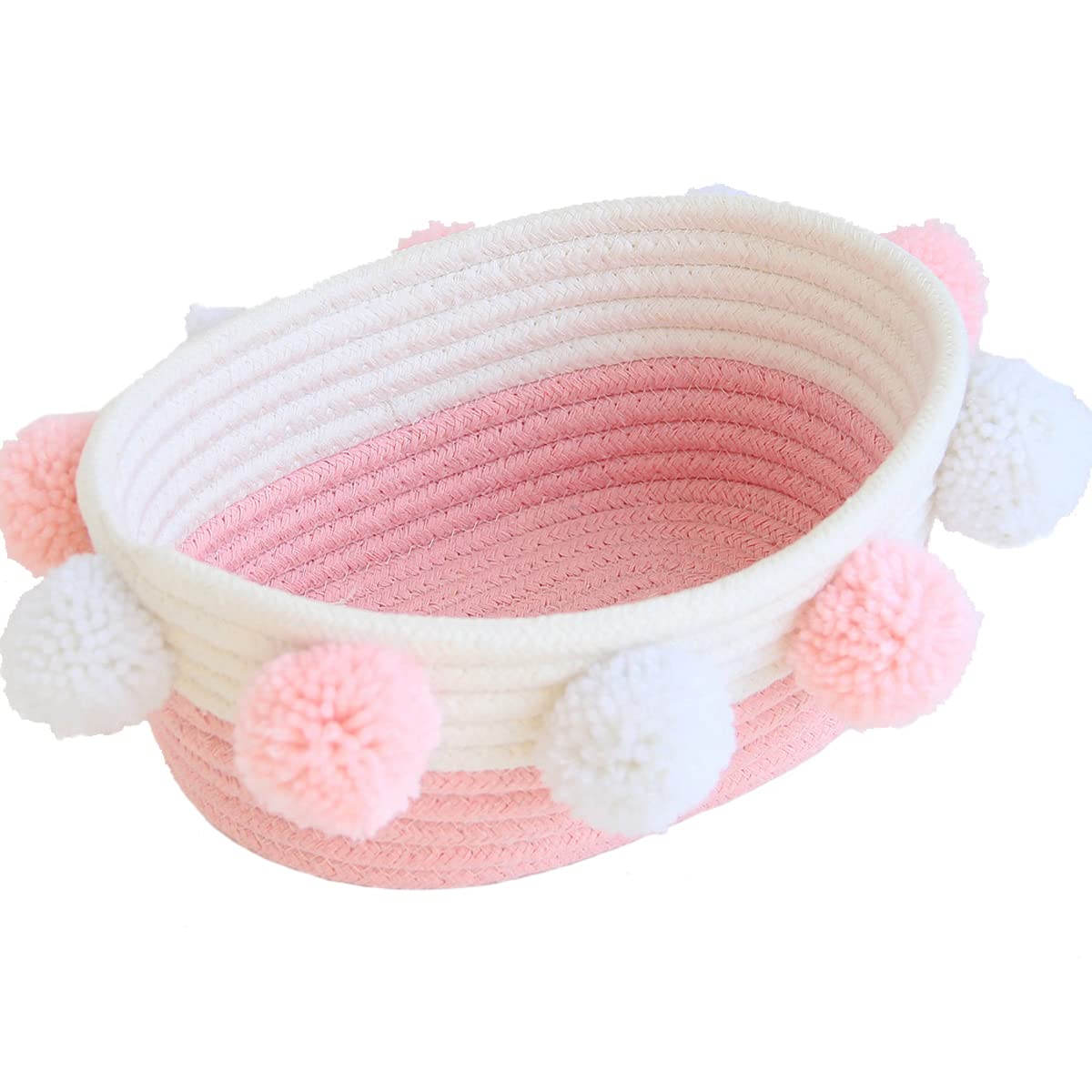 Rengaorise Small Pink Basket With Pompoms, 10.6'' X 9.8'' X 4.3'' Oval Decorative Cute Cotton Rope Woven Baby Basket For Books,
