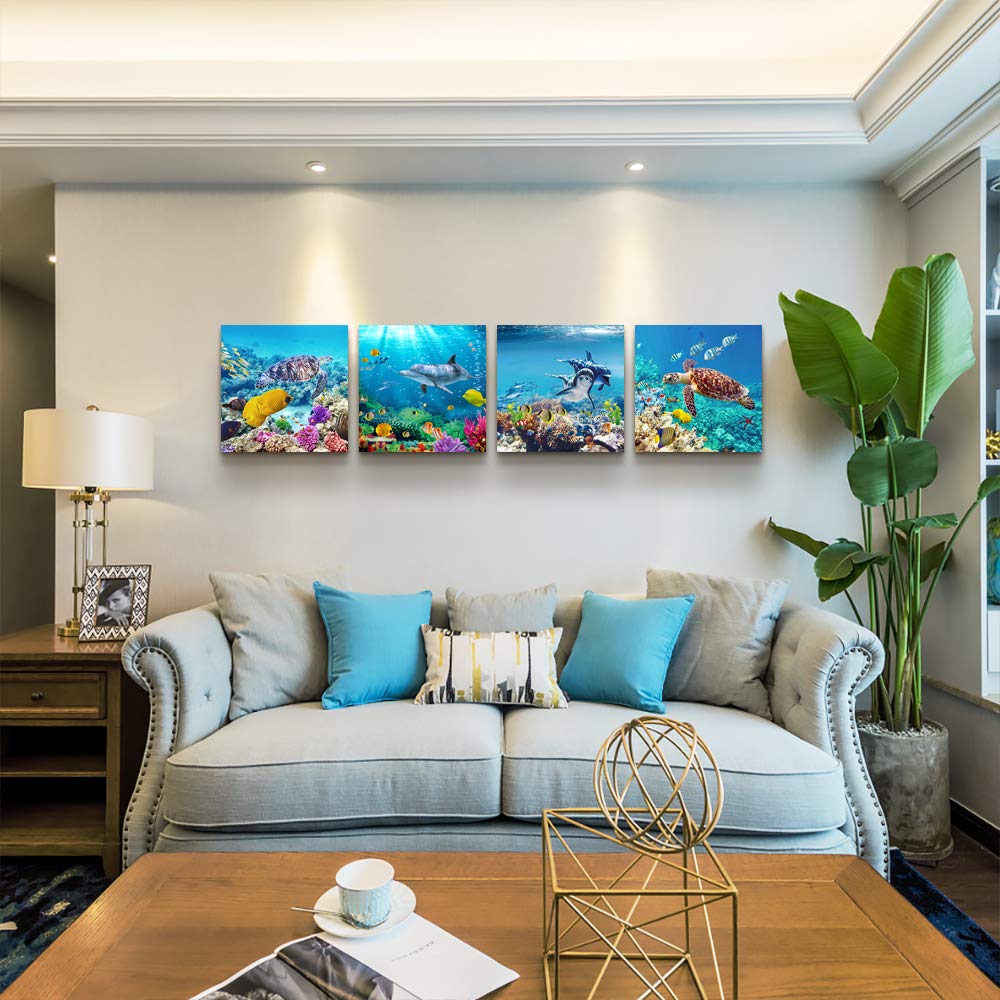 Mhartk66 Canvas Wall Art - Coral And Fish Modern Home Decor Stretched And Framed Ready To Hang Ocean Theme Sea Fish And Sea Turt
